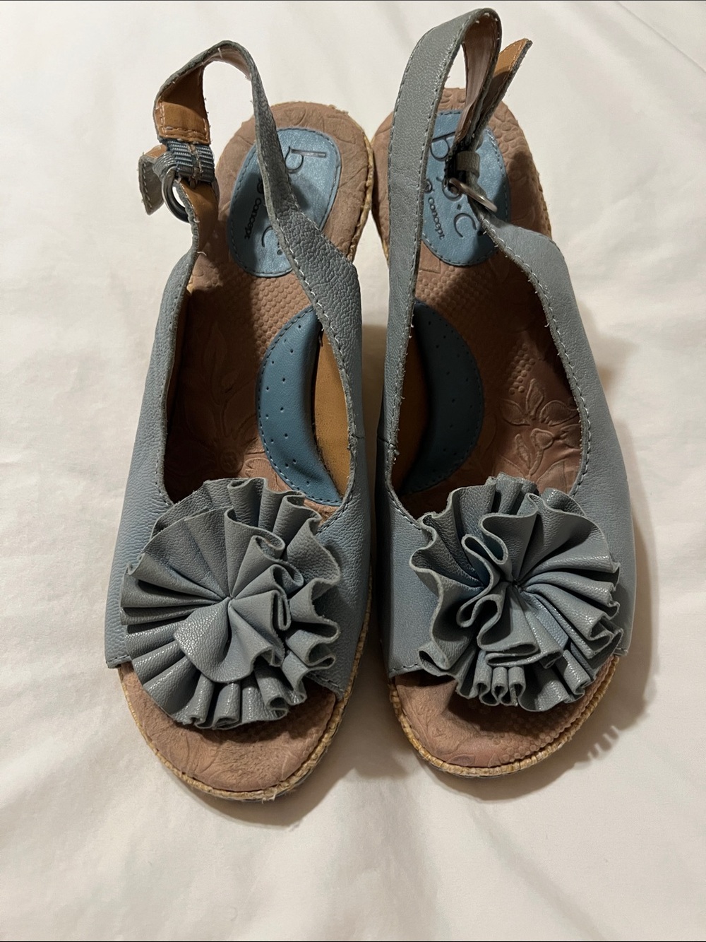 Born Concept Slingback Peep-Toe Wedge Sandals with Ruffle Accent - Light Blue